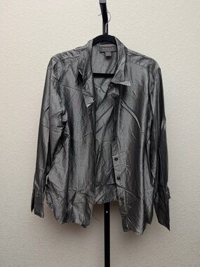 Lane Bryant Women’s Shimmery Silver 100% SILK Button-Up Blouse